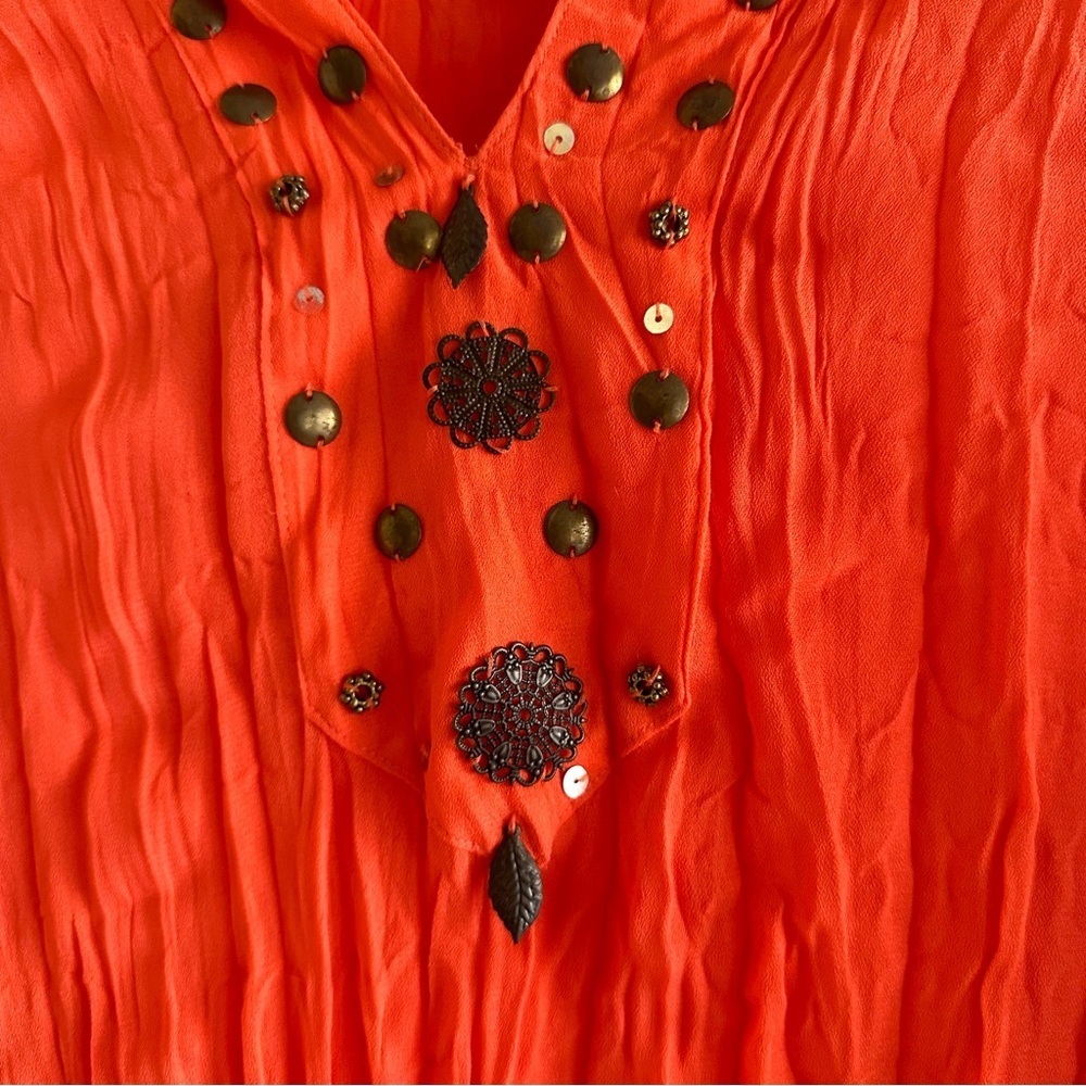 Vintage Ashley Stewart Plisse Rushed Beaded Collar Tunic Boho Top Orange Red 2X - Picture 5 of 7